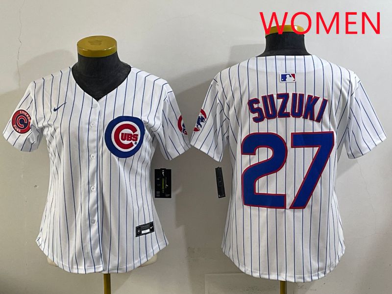 Women 2025 Chicago Cubs #27 Suzuki White Stripe Game Nike MLB Jersey style 5->women mlb jersey->Women Jersey
